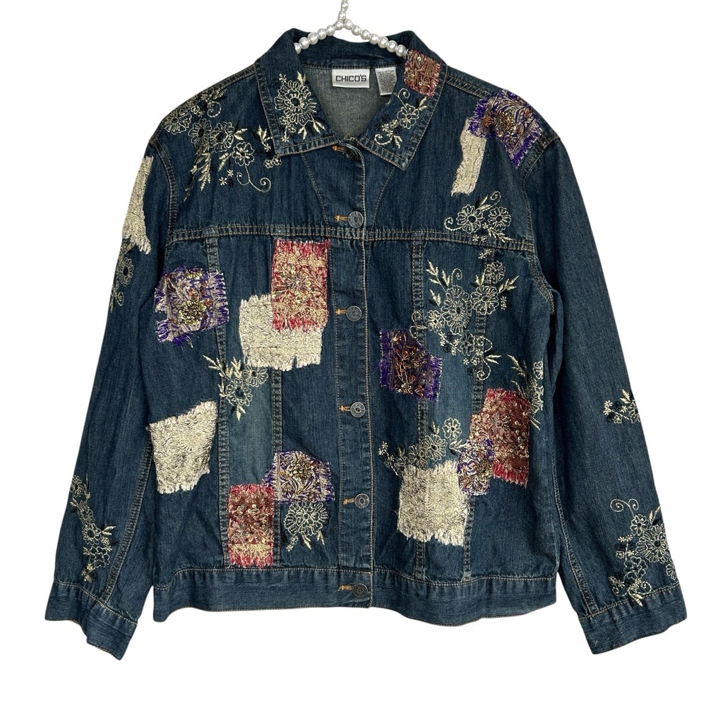 Chicos Patchwork Denim Jacket Sz 1 M Boho Indie Western Floral Embroidered Art